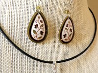 Green and White Spring Vines Teardrop Earrings and Matching Necklace Pysanky Jewelry by So Jeo